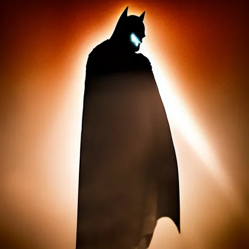 Prompt: scary vampire batman, cinematic lighting, god rays through fog, cape, cave, mood scary, film quality,