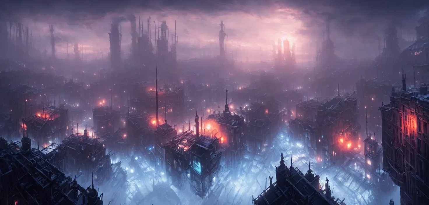 Image similar to frostpunk portal city, cinematic view, epic sky, no people, detailed, concept art, high detail, warm lighting, volumetric, godrays, vivid, beautiful, trending on artstation, by jordan grimmer, huge scene, art greg rutkowski