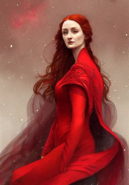 Image similar to sansa stark in red, intricate, elegant, highly detailed, digital painting, artstation, concept art, smooth, sharp focus, illustration, art by artgerm and greg rutkowski and alphonse mucha and william - adolphe bouguereau