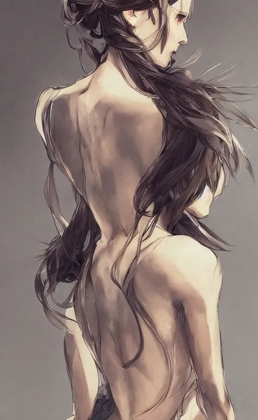 Image similar to hairstyle elegant and long, character's back is to us completely, pinterest hair picture, back of the hair, In style of Yoji Shinkawa, krenz cushart, Greg Rutkowski, highly detailed