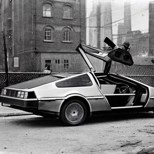 Prompt: a delorean parked on the streets, 1 8 8 1, photo