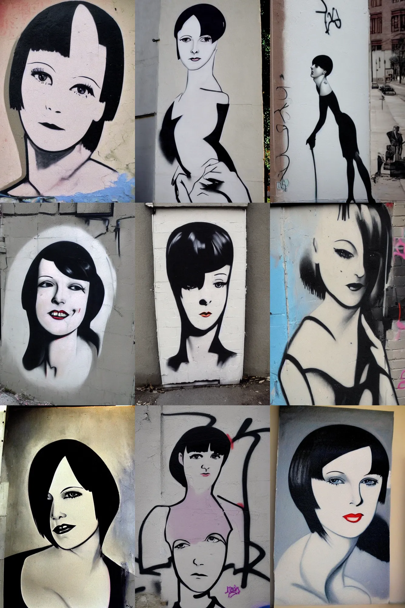 Prompt: graffiti of 2 2 year old mary louise brooks, graffiti street art,