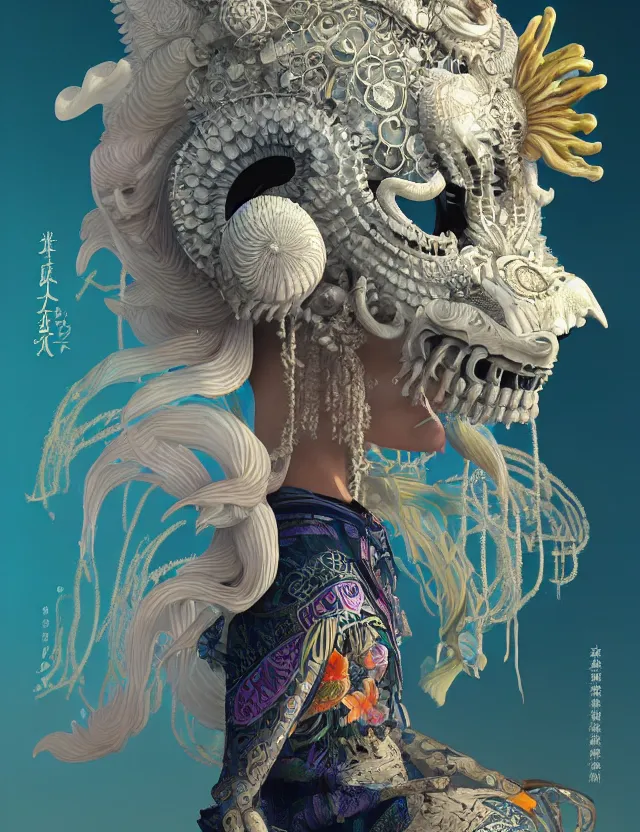 Image similar to 3 d goddess close - up profile solarpunk portrait ram skull. beautiful intricately detailed japanese crow kitsune mask and clasical japanese kimono. betta fish, jellyfish phoenix, bio luminescent, plasma, ice, water, wind, creature, artwork by tooth wu and wlop and beeple and greg rutkowski