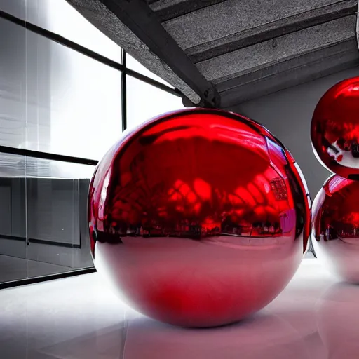 Prompt: chrome spheres on a red cube by johannes wessmark