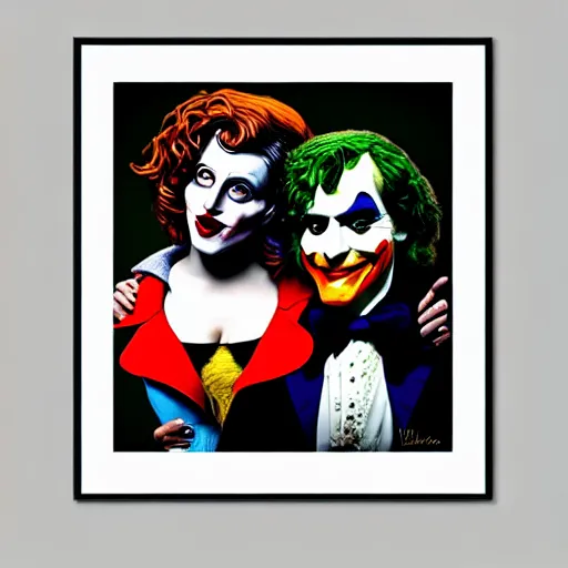 Image similar to ilya yefimovich repin and mimmo rottela and banksy as joaquin phoenix skinny joker, holding hand, lady gaga harley queen, ultra photorealistic, intricate details, pop art style, concept art, confident posse, random object details, 3 colours, warm color, 4 k, ultra smooth, sharp focus