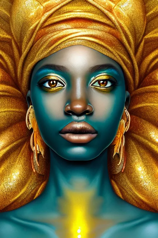 Prompt: hyperrealistic neo - symbolist cinematic very beautiful! oshun goddess with gold eyes, yoruba paint, droplet armor, water lips, gold flowers, highly detailed digital art masterpiece, smooth etienne sandorfi eric zener dramatic pearlescent soft teal light, ground angle uhd 8 k, sharp focus