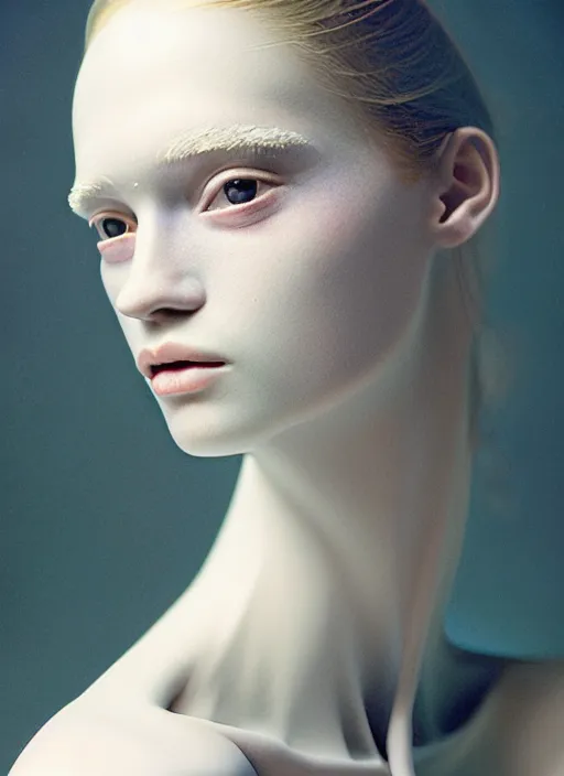 Image similar to Kodak Portra 400 of a beautiful woman, 8K, soft light, volumetric lighting, highly detailed, britt marling style 3/4 , fine art portrait photography by Paolo Roversi, face merging with opalescent pider, elegant bust and neck with intricate opalescent spiderwebs details, symbolic metamorphosis complex 3d render , 150 mm lens, art nouveau fashion embroidered, elegant, hyper realistic, ultra detailed, octane render, soft colours scheme, emotionally evoking, head in focus, fantasy, soft blur background light, volumetric lighting, highly detailed, Refined, Highly Detailed, fine art fashion magazine style, Hyper realistic, photo realistic