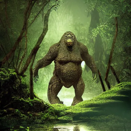 Image similar to A photograph of a giant monster lurking in the swamp, crocodile, mangrove swamp, murky water, vines, gorilla, trending on artstation, ((tiger)), Godzilla