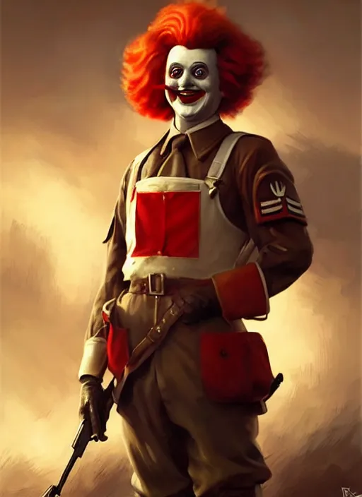 Image similar to ronald mcdonald during world war 2, rpg dnd oil _ painting _ unreal _ 5 _ daz. _ rpg _ portrait _ extremely _ detailed _ artgerm _ greg _ rutkowski _ greg