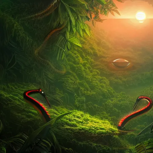 Prompt: robot snake in the middle of the jungle spying enemy country, red glowing eyes, dense jungle, middle of night, hd, uhd, 8 k, noise, illustration, sharp focus, detailed, sharpen, artstation, elegant, highly detailed, fantasy, futuristic