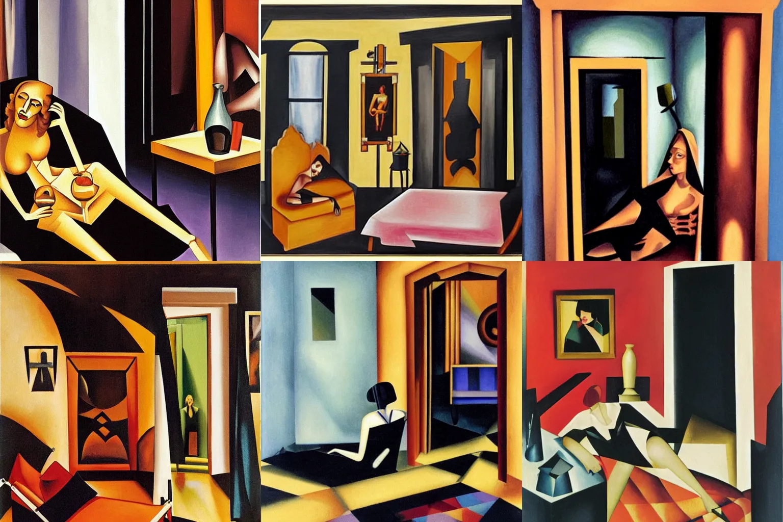 Prompt: tamara lempicka room with a door. 1940s diva laying on a chaise longue having a martini. skeleton wearing a hooded cape and black robe enters the room through the door