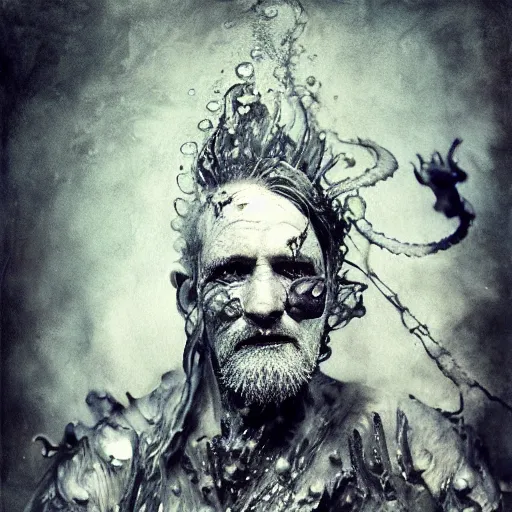 Prompt: collodion process photography of mutant fishman sailor old man with gills and scales creatures from the deep ocean by emil melmoth zdzislaw beksinki craig mullins yoji shinkawa realistic render ominous detailed photo atmospheric by jeremy mann francis bacon and agnes cecile ink drips paint smears digital glitches glitchart