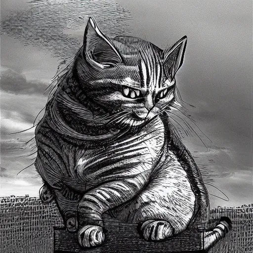 Image similar to a giant cat sitting on top of a victorian castle spire, cat god, style of kentaro miura!!!!, black and white, finely detailed