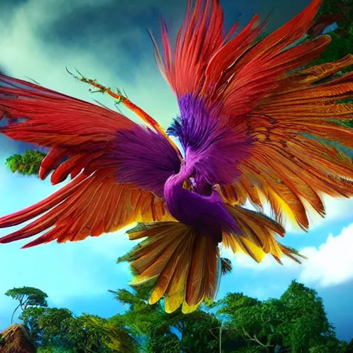 Image similar to fantasy forest, most colourful bird in philippine folklore, the magnificent, extremely beautiful ibong adarna with wings spread flying, long grand feathers, ultra - realistic, intricate details, 8 k, ultra - detailed, unreal engine five render