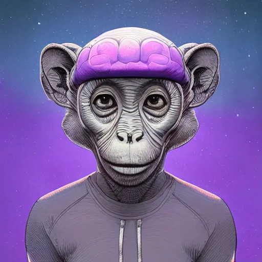 Prompt: a detailed frontal portait drawing of a small cute purple monkey with a brain cap by inio, beeple and james jean, aya takano color style, trippy, 8 k, super detailed, night sky, digital art, digital painting, clean