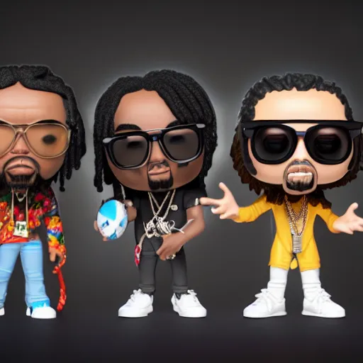 Image similar to funko pop of rap group migos members quavo, offset and takeoff, product shot, macro, hyper realistic, octane render, unreal engine, 4 k, 8 k