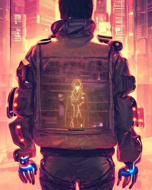 Image similar to detailed portrait neon guard man with short brown hair seen from the back, cyberpunk futuristic, reflective puffer jacket, black leggings, decorated with traditional ornaments in front of a dystopian crowd with piles of garbage perfect face, fine details, realistic shaded, fine - face, pretty face by rossdraws