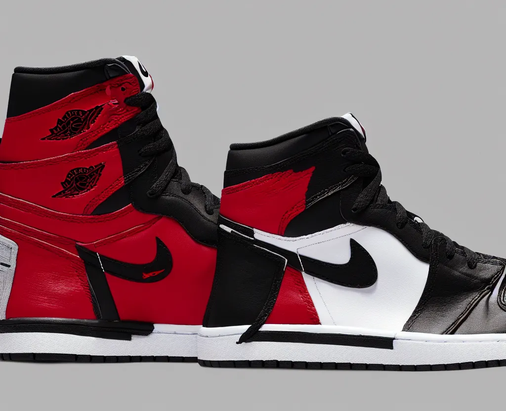 Prompt: a proffesional press photograph of nike jordan 1 black red and white