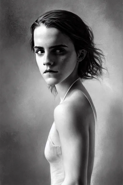 Prompt: emma watson gathered faille v - neck detailed portrait painting by gaston bussiere craig mullins j. c. leyendecker award winning photograph photorealsitic octane render photograph by richard avedon peter lindbergh