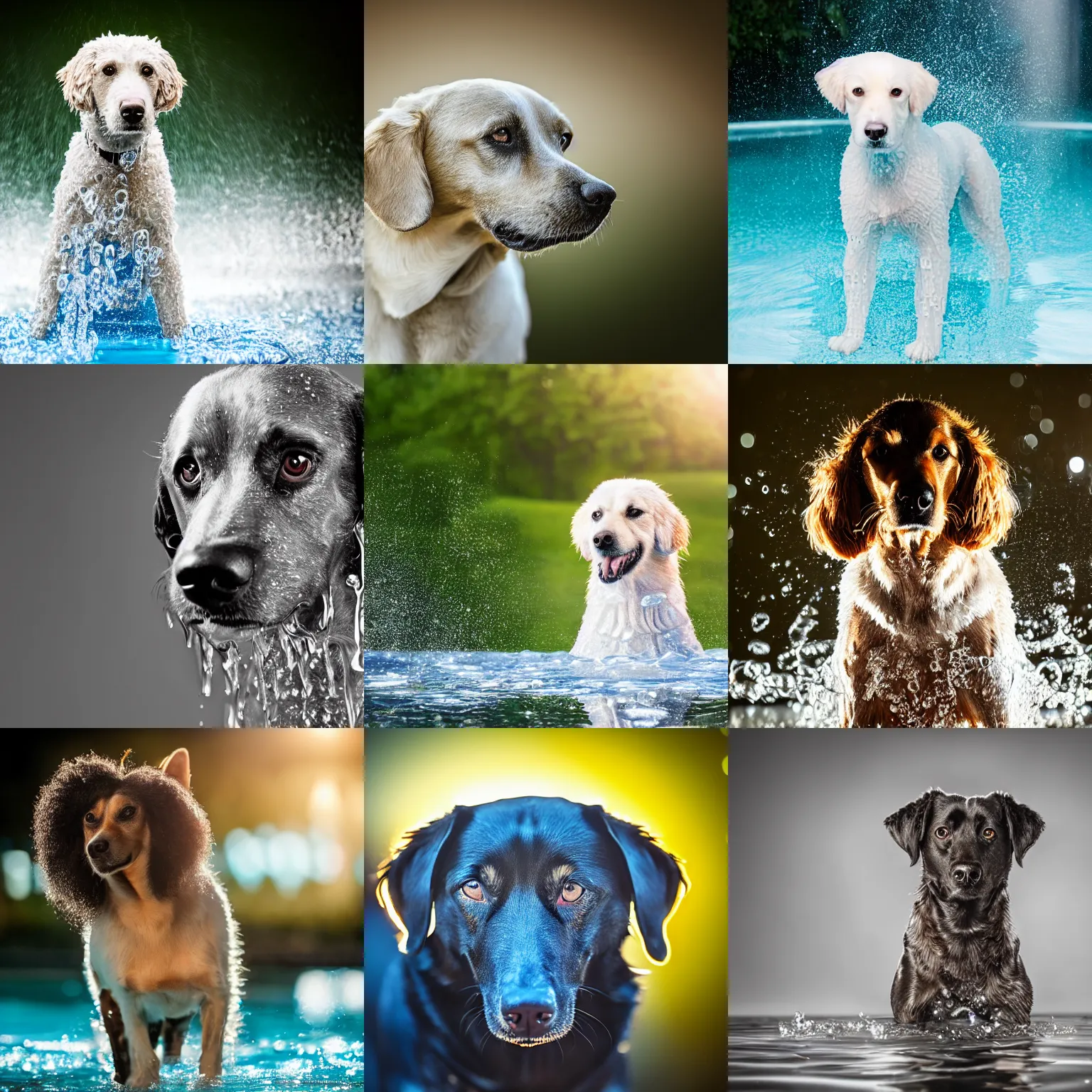 Prompt: Stunning Professional photograph of a dog made entirely of water, studio lighting, bokeh, 8K