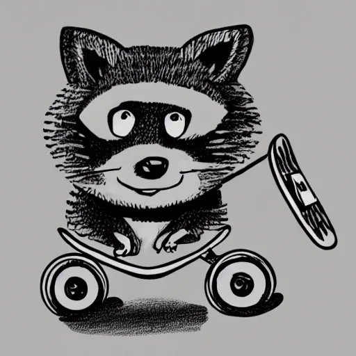 Image similar to cartoon illustration of a raccoon riding a skateboard