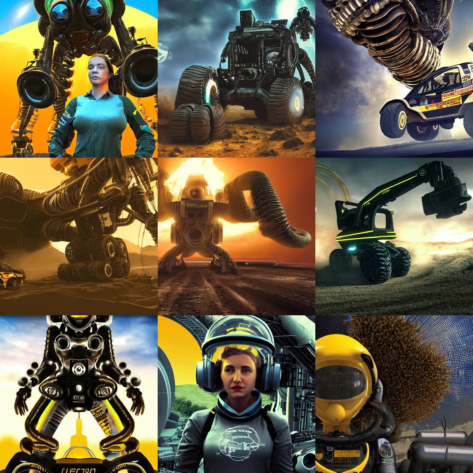 Prompt: wrc rally - portrait of curly girl in power loader, alien movie screenshot, alien structure background, realistic, 4 k