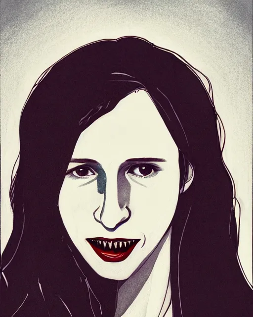 Image similar to in the style of Joshua Middleton, moody lighting, beautiful evil vampire Taissa Farmiga sharp bloody vampire fangs, evil smile showing fangs, symmetrical eyes, realistic face, symmetrical face, brown leather jacket, jeans, long black hair, full body, Rafael Albuquerque art