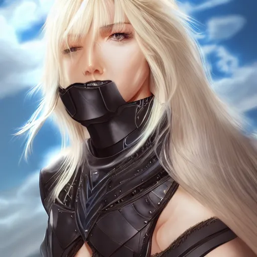 Image similar to a beautiful woman wearing leather armor, blonde, long hair, muscular, pixiv, hyperrealistic