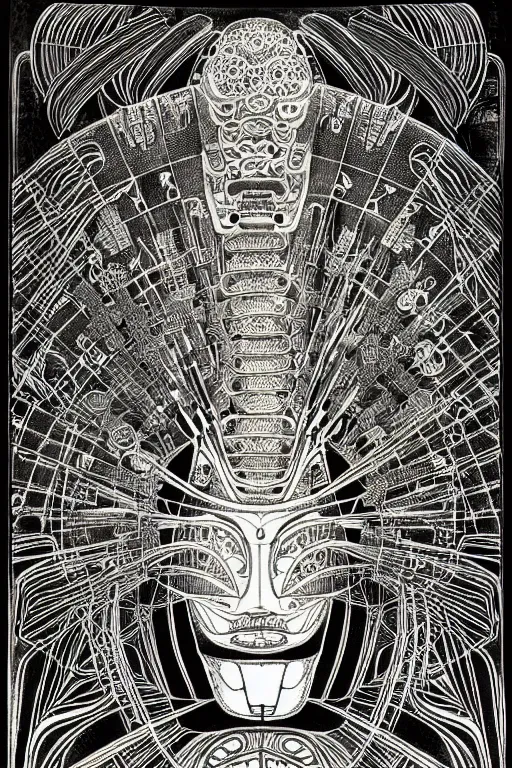 Prompt: a black and white drawing of an ancient future japanese temple samurai, bioluminescence, a detailed mixed media collage by hiroki tsukuda and eduardo paolozzi and ernst haeckel, intricate linework, sketchbook psychedelic doodle comic drawing, geometric, street art, polycount, deconstructivism, matte drawing, academic art, constructivism