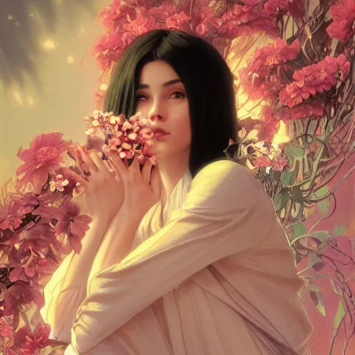 Image similar to surreal beautiful young woman, sitting with flowers, detailed gorgeous face turning into a tree, leaves, dark, ominous, sad eyes, vaporwave aesthetic, synthwave , digital painting, artstation, concept art, smooth, sharp focus, illustration, art by artgerm and greg rutkowski and alphonse mucha