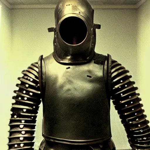 Image similar to a man wearing armor made of gasmasks, film still, arriflex 3 5