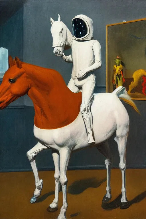 Prompt: man in horse costume, horse in costume astronaut, hauntingly surreal, highly detailed painting by francis bacon, edward hopper, adrian ghenie, gerhard richter, and james jean soft light 4 k,