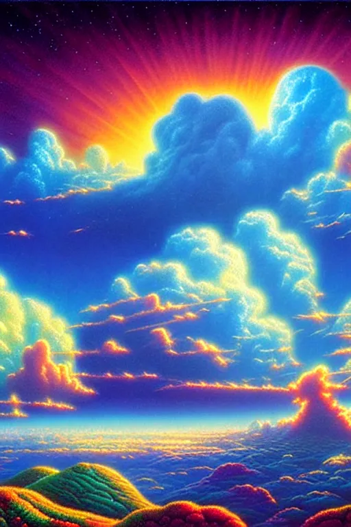 Prompt: a photorealistic detailed cinematic image of a beautiful vibrant iridescent future for human evolution, spiritual science, divinity, utopian, cumulus clouds, ground view, by david a. hardy, kinkade, lisa frank, wpa, public works mural, socialist