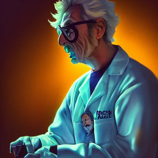 Prompt: portrait art illustration of old rick sanchez, lab coat and tee shirt, lens flare, atmosphere, glow, detailed, intricate, full of colour, cinematic lighting, 4 k, hyperrealistic, focused, extreme details, cinematic, masterpiece