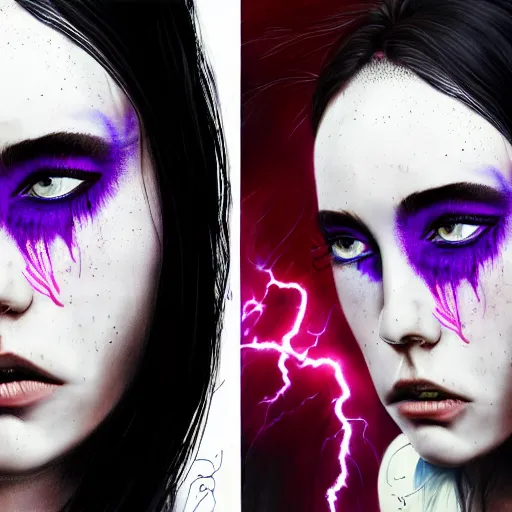 Image similar to detailed photo portrait of a furious teen girl with thin, hair-like purple tentacles on her head and bright purple eyes, 8k,by tristan eaton, Stanley Artgermm,Tom Bagshaw,Greg Rutkowski,Carne Griffiths,trending on DeviantArt, face enhance,hyper detailed ,full of colour, dramatic lightning