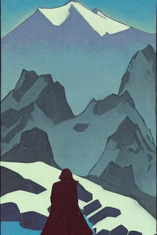 Image similar to black widow ( natasha romanova ) on mountains, marvel, artwork by nicholas roerich,