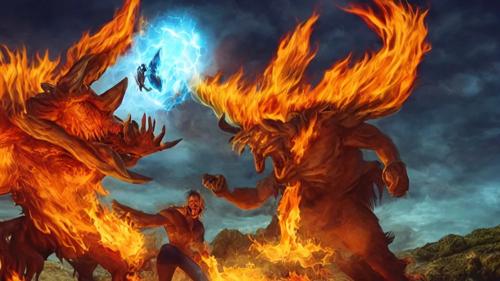 Prompt: Powerful wizard summoning a fiery behemoth