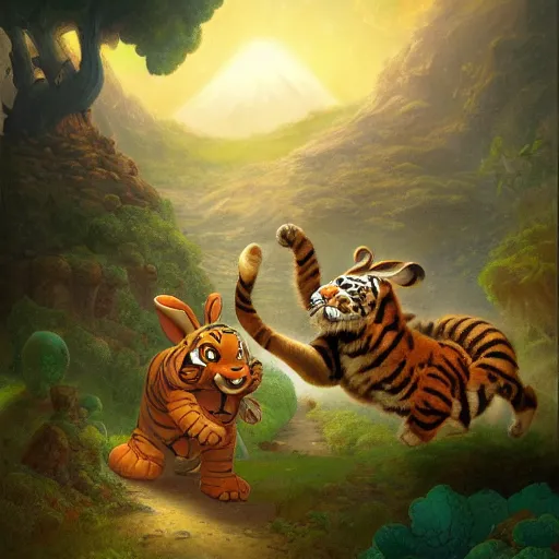 Image similar to a tiger, an elephant and a rabbit running away from a volcano by justin gerard, deviantart