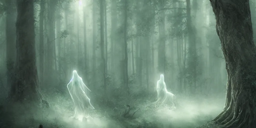 Prompt: a ghost lady of the forest with wood spirit in the trees with will o the wisp, photorealistic, by greg rutkowski, wlop, 4 k resolution h 7 6 8