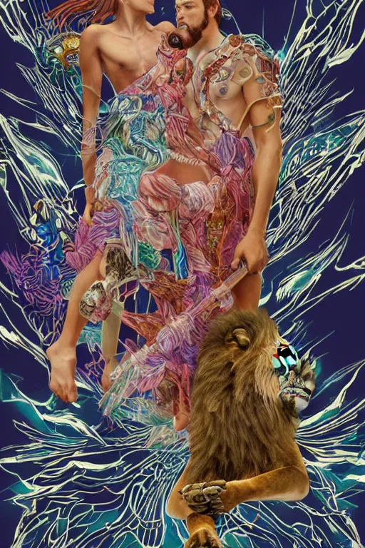 Image similar to hyperreality illustrator from karah mew in collaboration with jennifer mccord and tetsuya nomura, depicting hercules against the cremean lion, this image is very detailed, very realistic, incrinate, boroque, complex, and also very aesthetic, winning an award as the best pop art illustration of this century.