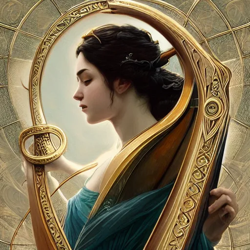 Image similar to a strange harp, d & d, fantasy, intricate, elegant, symmetrical face, highly detailed, digital painting, artstation, concept art, smooth, sharp focus, illustration, art by artgerm and greg rutkowski and alphonse mucha