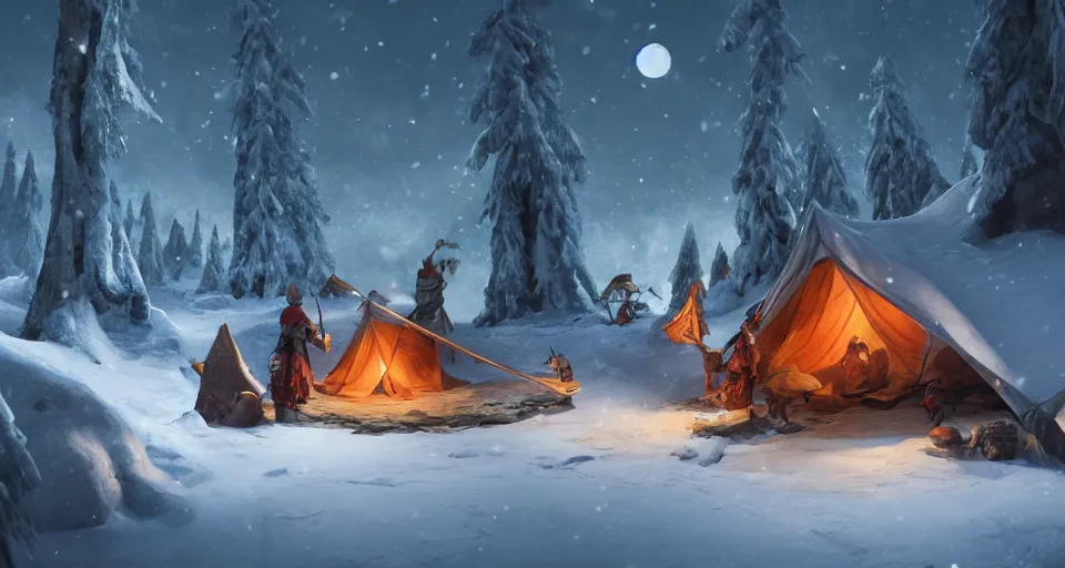Prompt: an epic fantasy adventurer's camp in the snow with a hide tent at night with a full moon, a single adventurer with red hair, 4 k, extremely detailed. award winning, trending on artstation, 8 k, ultra wide angle