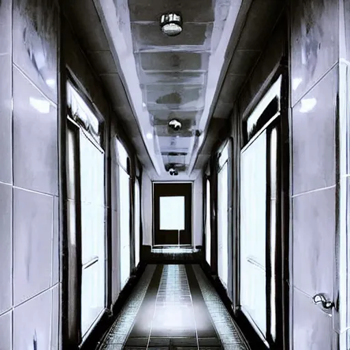 Prompt: infinite bathroom hallway, horror movie