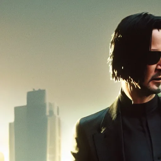 Image similar to keanu reeves, matrix movie, volumetric lighting, beautiful, golden hour, sharp focus, ultra detailed, cgsociety by leesha hannigan, ross tran, thierry doizon, kai carpenter, ignacio fernandez rios, noir photorealism, film