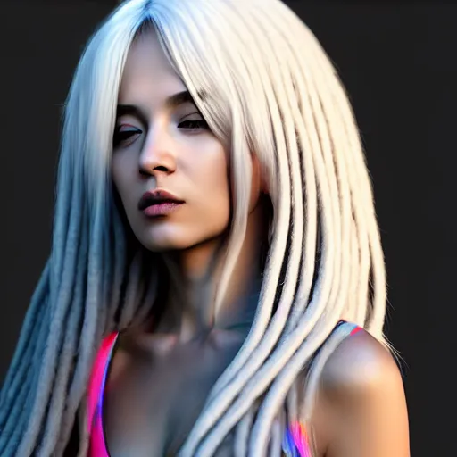 Prompt: a woman with long white hair standing in front of a black background, an ambient occlusion render by hsiao - ron cheng, dreadlocks featured on pixiv, generative art, ambient occlusion, zbrush, seductive hippie mose piercing, tattoo, colorful bandana