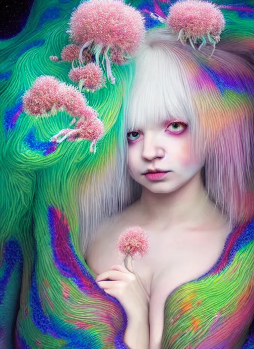 Image similar to hyper detailed 3d render like a Oil painting - kawaii portrait Aurora (white haired Singer Ferret) seen Eating of the Strangling network of yellowcake aerochrome and milky Fruit and Her delicate Hands hold of gossamer polyp blossoms bring iridescent fungal flowers whose spores black the foolish stars by Jacek Yerka, Mariusz Lewandowski, Houdini algorithmic generative render, Abstract brush strokes, Masterpiece, Edward Hopper and James Gilleard, Zdzislaw Beksinski, Mark Ryden, Wolfgang Lettl, hints of Yayoi Kasuma, octane render, 8k