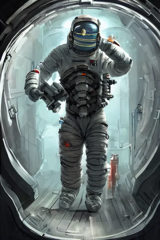 Image similar to Dead Space themed Astronaut stepping out of an airlock, Industrial Scifi, detailed illustration, concept art, by Martin Grip