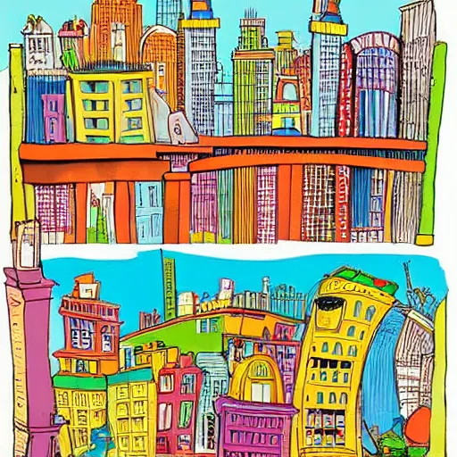 Image similar to city filled with buildings, colorful kids book illustration by dr seuss, towers, bridges, stairs