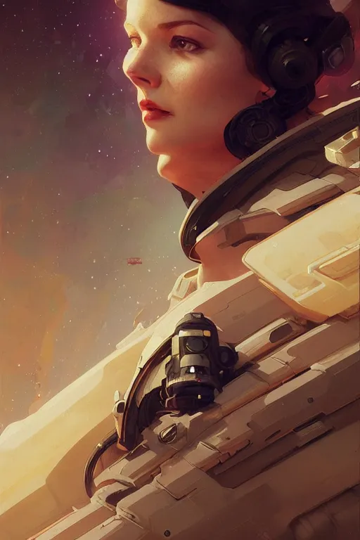 Image similar to A full portrait of a scifi heavy deep space freighter pilot, intricate, elegant, highly detailed, digital painting, artstation, concept art, smooth, sharp focus, illustration, art by Krenz Cushart and Artem Demura and alphonse mucha
