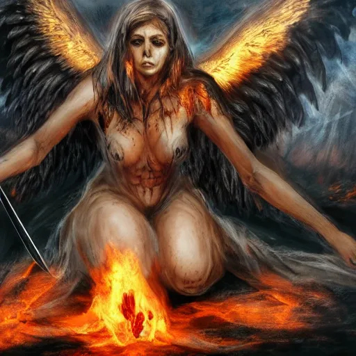 Prompt: fallen female archangel with black feathered wings, heavily scared and wounded from battle with devils, looks to be in grief, kneeling on the ground in a hellscape with a broken holy sword in front of her, and a pile of bones is aflame behind her. 4 k, hyper detailed, super realistic, dark fantasy
